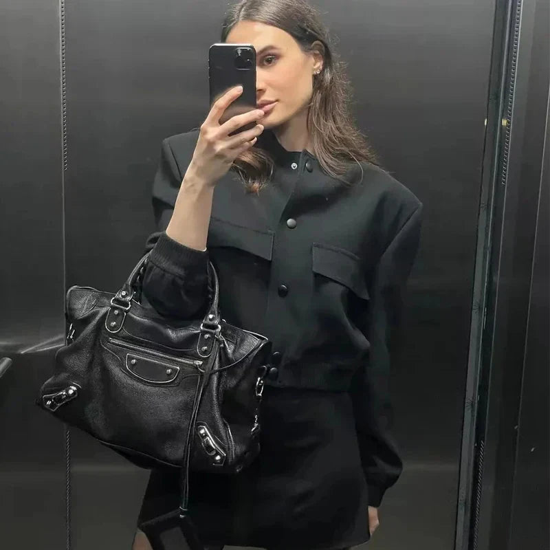 Women's Cropped Bomber Jacket Featuring Baseball Collar and Snap Fasteners