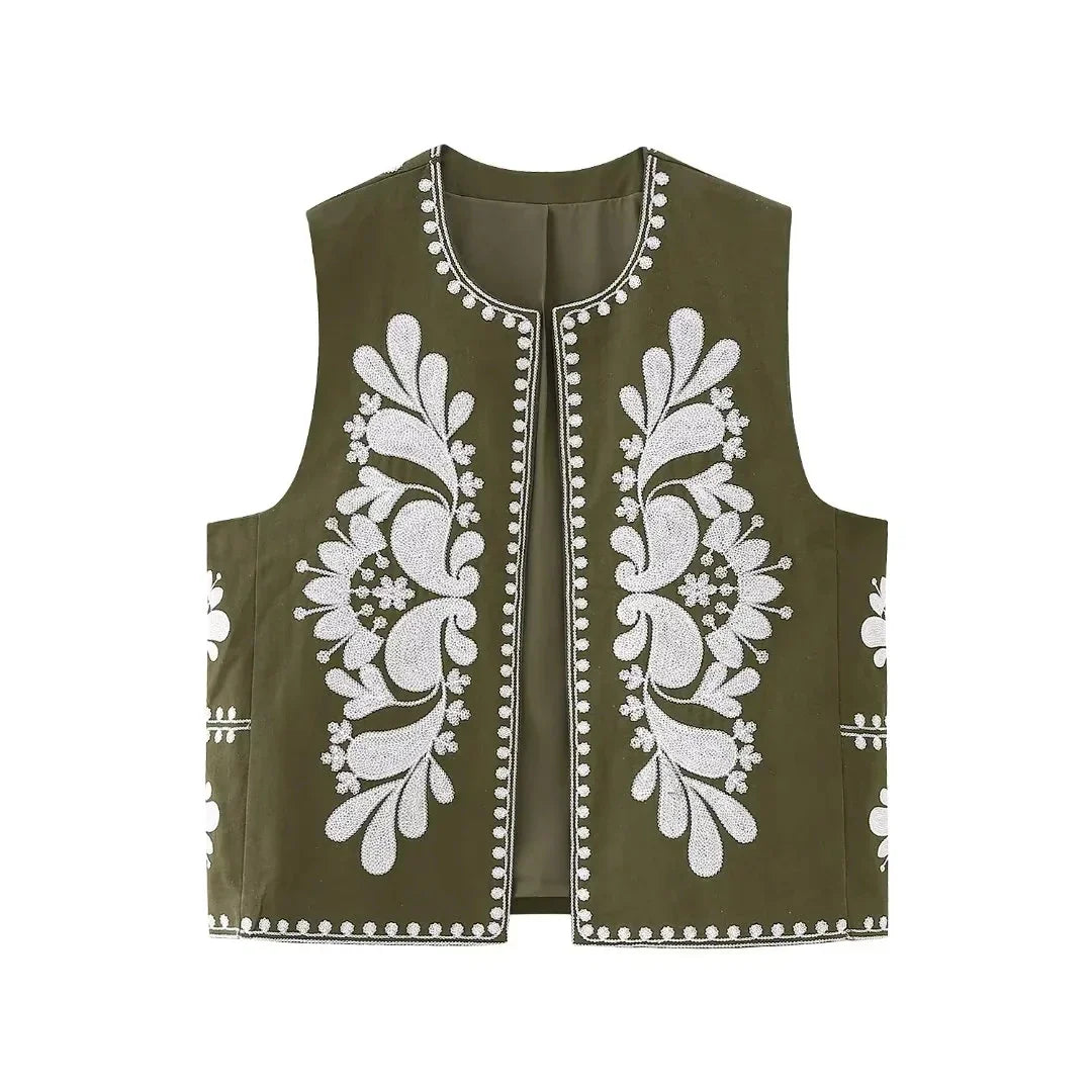 Women's Sleeveless Vest with Floral Embroidery