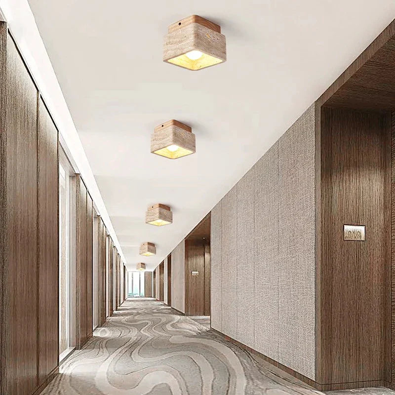 Delona - Lampada da soffitto LED quadrata in Travertino e Legno Naturale