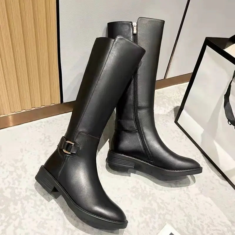 Women's Black Knee-High Boots with Metal Buckle and Side Zip Closure