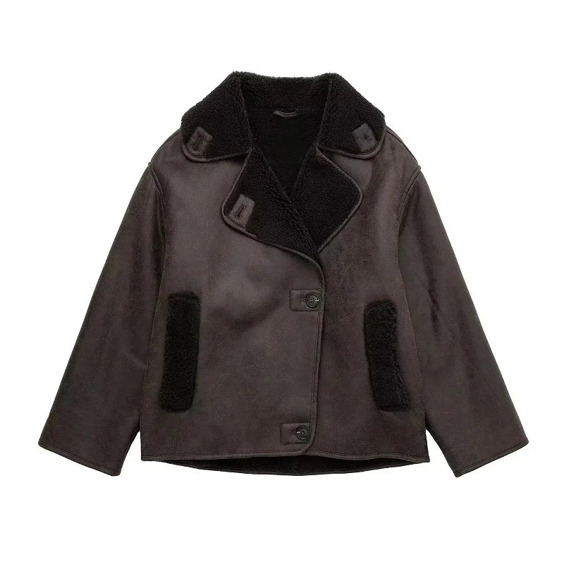 Women's Plush-Lined Leather Winter Jacket with Oversized Collar