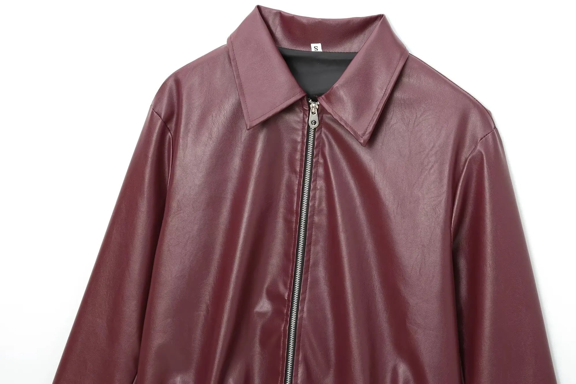 Women's Zipper-Front Leather Jacket with Classic Lapel Collar