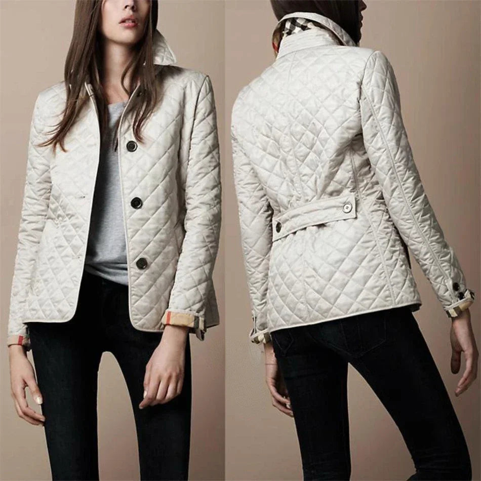 Women's Quilted Bomber Jacket Featuring Button Closure and Convertible Cuffs