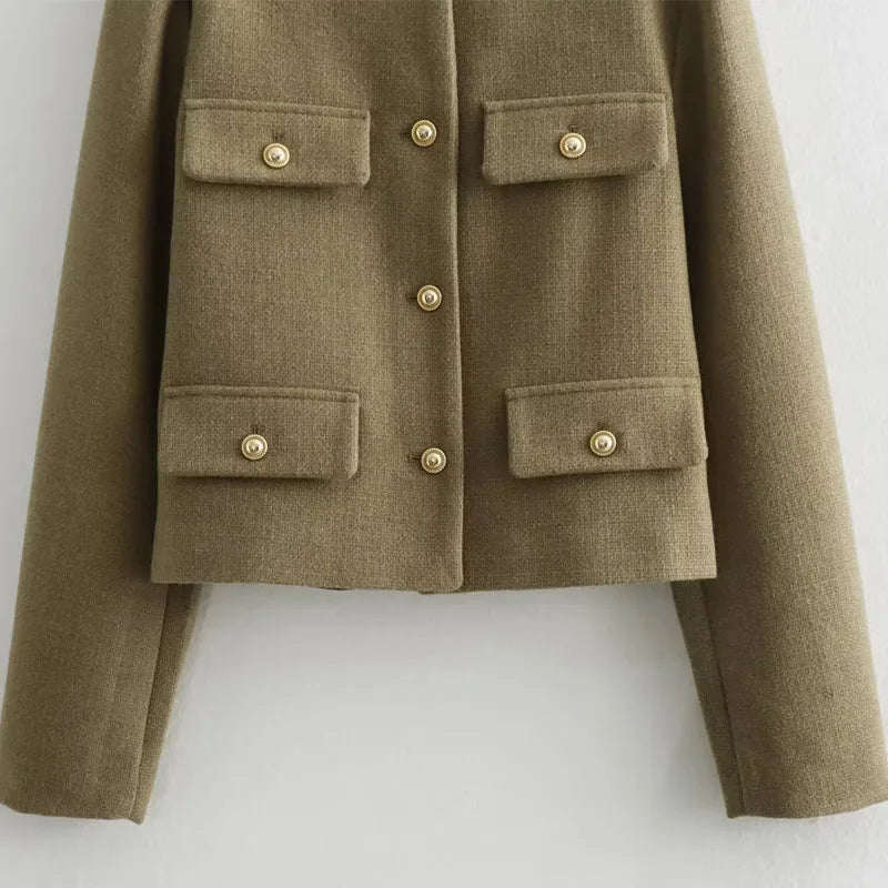 Women's Cropped Bomber Jacket with Long Sleeves and Round Neck