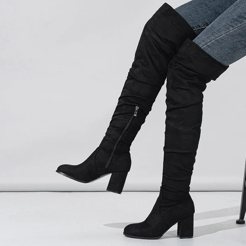 Women's Knee-High Boots with Pointed Toe and Slouchy Block Heel