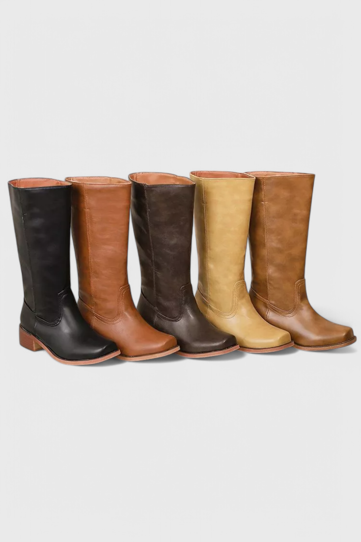 Women's Knee-High Boots with a Stacked Heel and Classic Round Toe Design