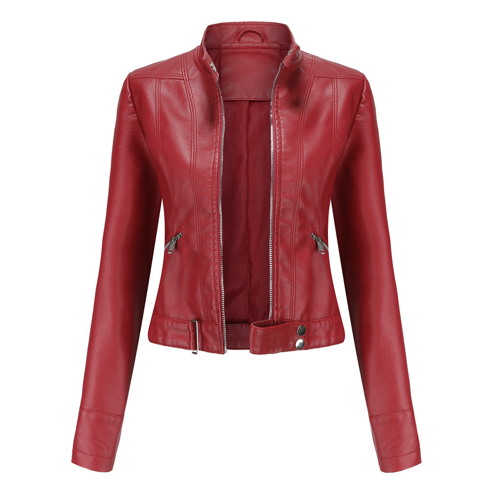 Women's Leather Jacket with Zipper, High Collar, and Belt