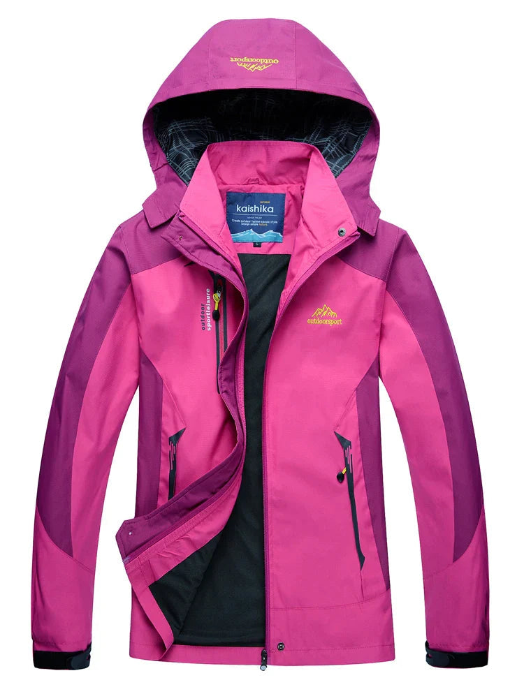 Women's Waterproof Windbreaker Jacket with Hood and Sporty Design