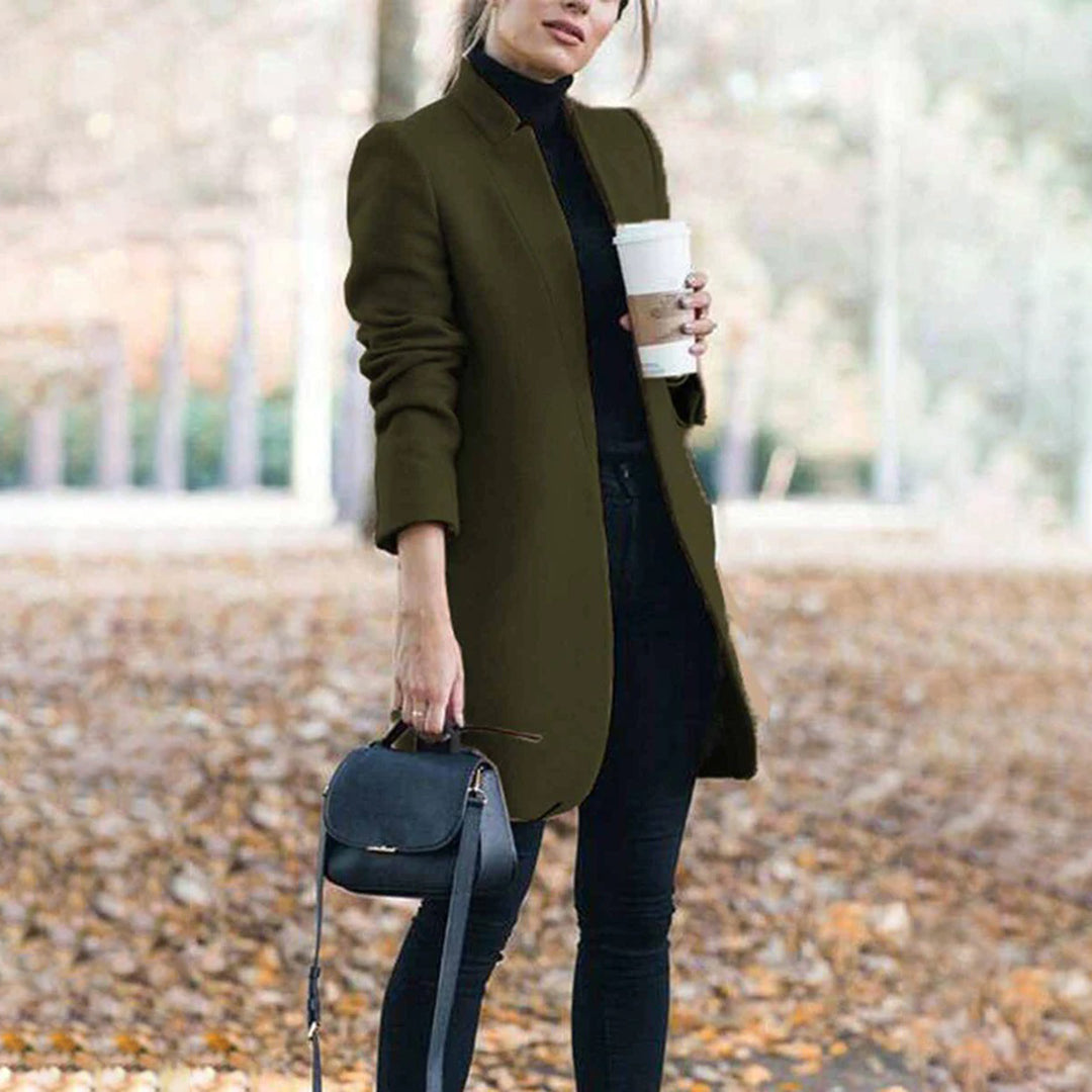 Women's Tailored Long Wool Trench Coat with Stand-Up Collar