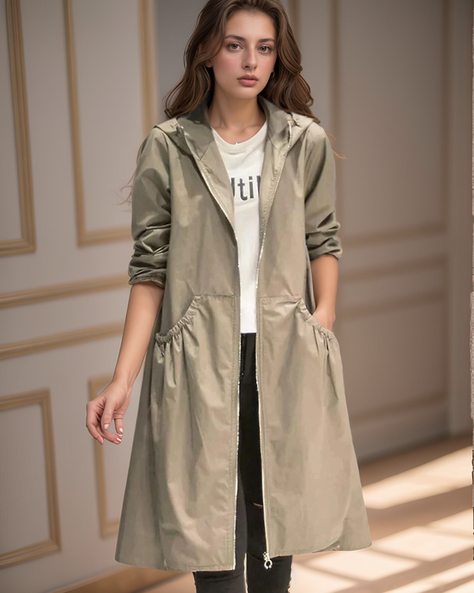 Women's Waterproof Long Hooded Raincoat with Zipper and Weather-Resistant Design