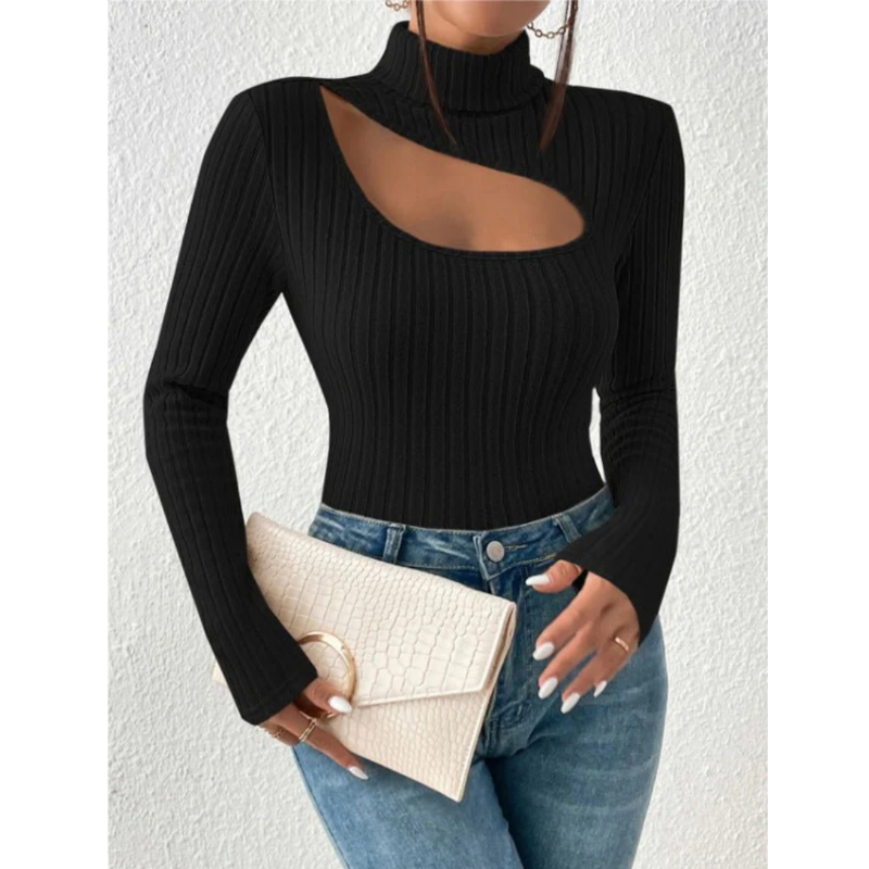 Women's Ribbed Roll Neck Sweater with Hollow Chest Design