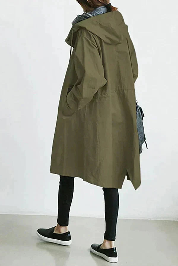 Women's Oversized Hooded Rain Jacket with Button Closure and Pockets