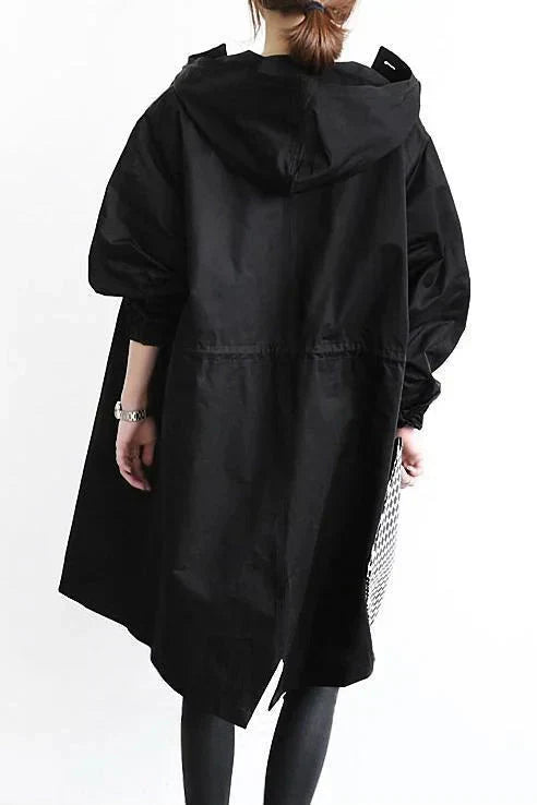 Women's Oversized Hooded Rain Jacket with Button Closure and Pockets