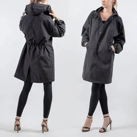 Women's Oversized Hooded Rain Jacket with Button Closure and Pockets