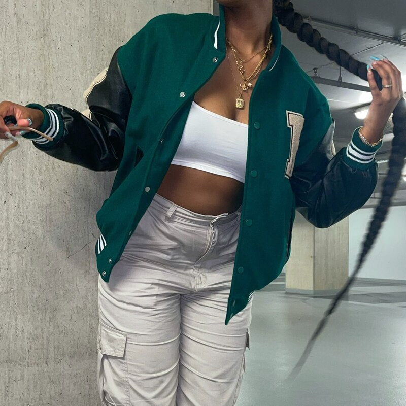 Women's Graphic Varsity Bomber Jacket with Bone-Inspired Sleeve Design