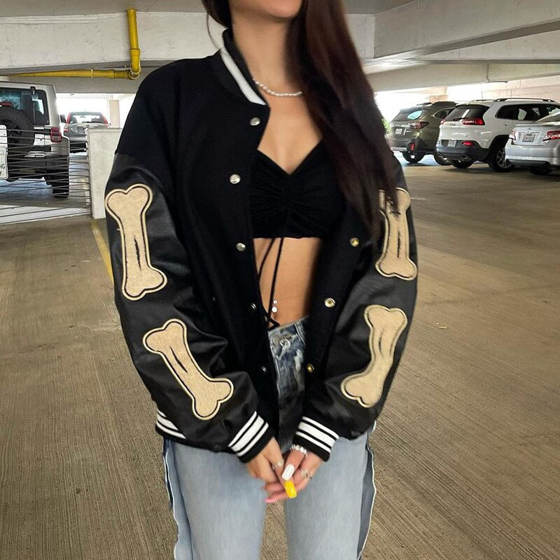Women's Graphic Varsity Bomber Jacket with Bone-Inspired Sleeve Design