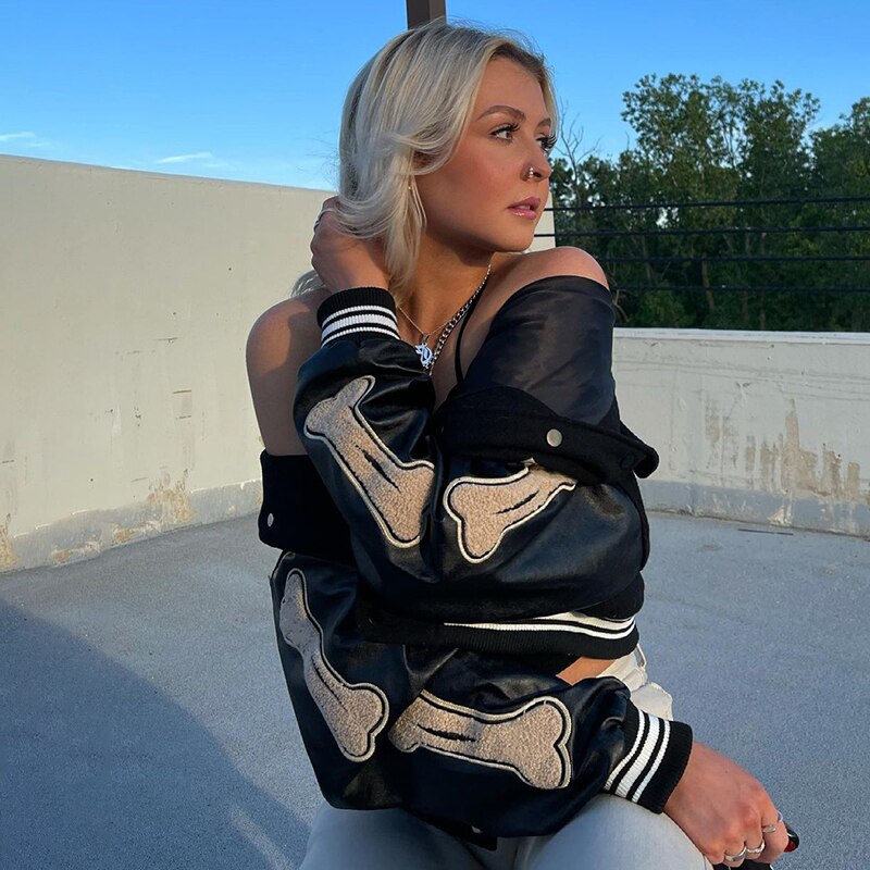 Women's Graphic Varsity Bomber Jacket with Bone-Inspired Sleeve Design