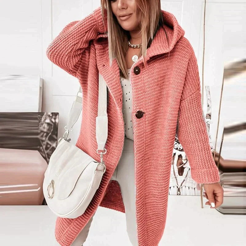 Women's Long Hooded Knit Cardigan with Button-Front Design