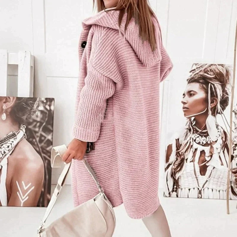 Women's Long Hooded Knit Cardigan with Button-Front Design