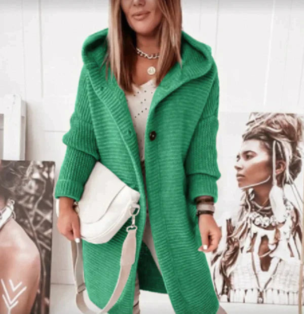 Women's Long Hooded Knit Cardigan with Button-Front Design
