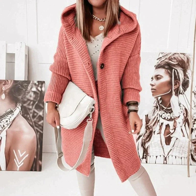 Women's Long Hooded Knit Cardigan with Button-Front Design
