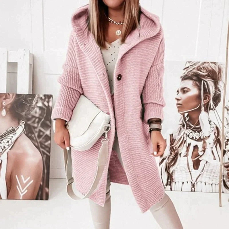 Women's Long Hooded Knit Cardigan with Button-Front Design