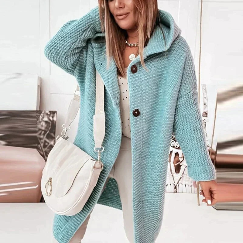 Women's Long Hooded Knit Cardigan with Button-Front Design