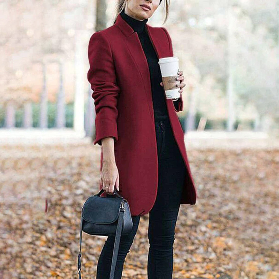 Women's Tailored Long Wool Trench Coat with Stand-Up Collar