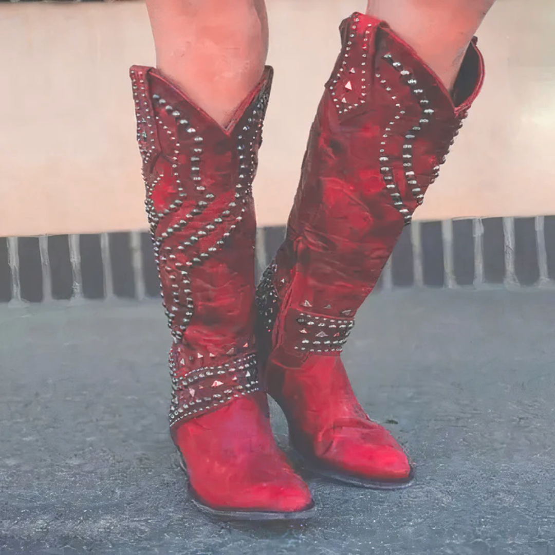 Women's Knee-High Cowboy Boots featuring Rivet Details, Chunky Heel, and Side Zipper