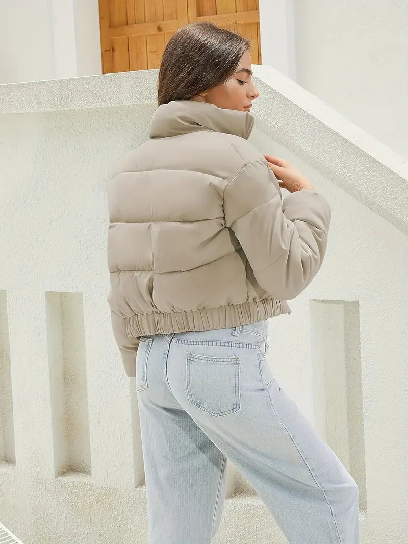 Women's Elastic Hem Short Puffer Bomber Jacket with Zip-Front