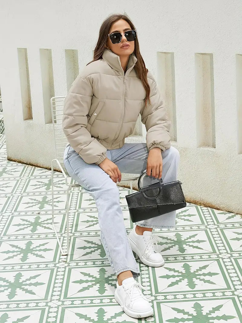 Women's Elastic Hem Short Puffer Bomber Jacket with Zip-Front
