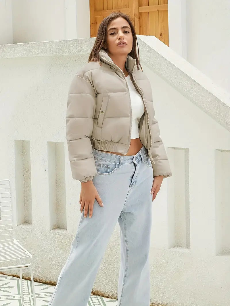 Women's Elastic Hem Short Puffer Bomber Jacket with Zip-Front