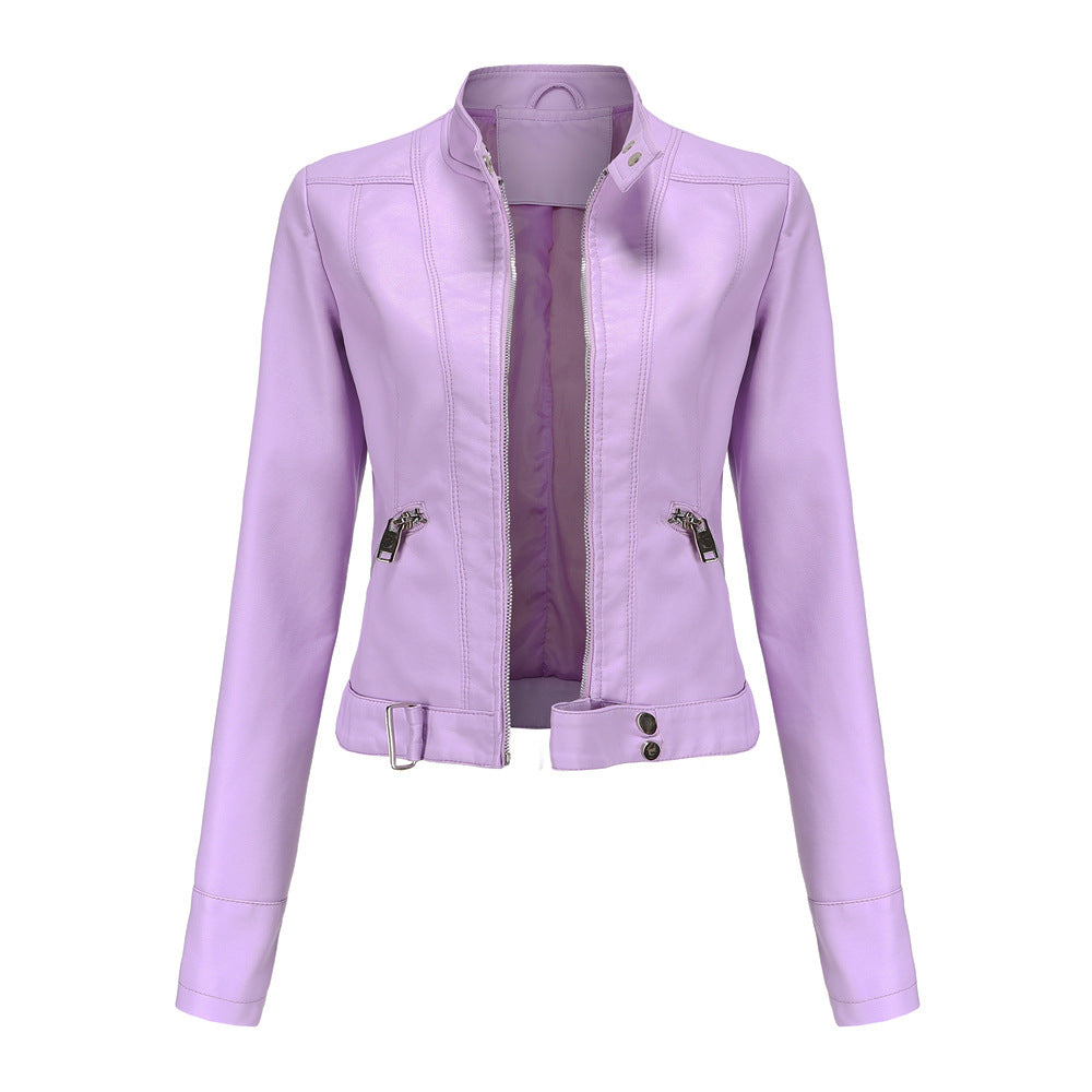 Women's Leather Jacket with Zipper, High Collar, and Belt
