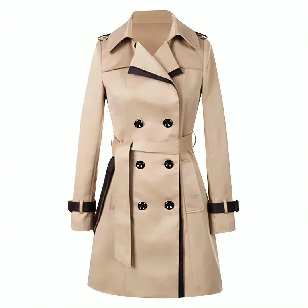 Women's Belted Short Double-Breasted Trench Coat with Contrast Accents