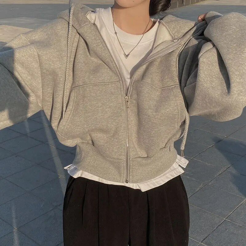 Women's Oversized Cropped Zip Hoodie with Pockets