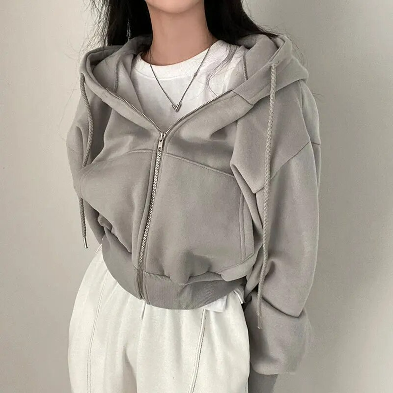 Women's Oversized Cropped Zip Hoodie with Pockets
