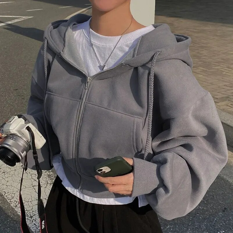 Women's Oversized Cropped Zip Hoodie with Pockets