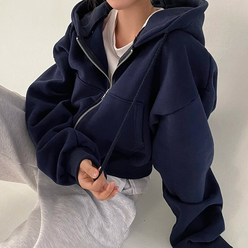 Women's Oversized Cropped Zip Hoodie with Pockets