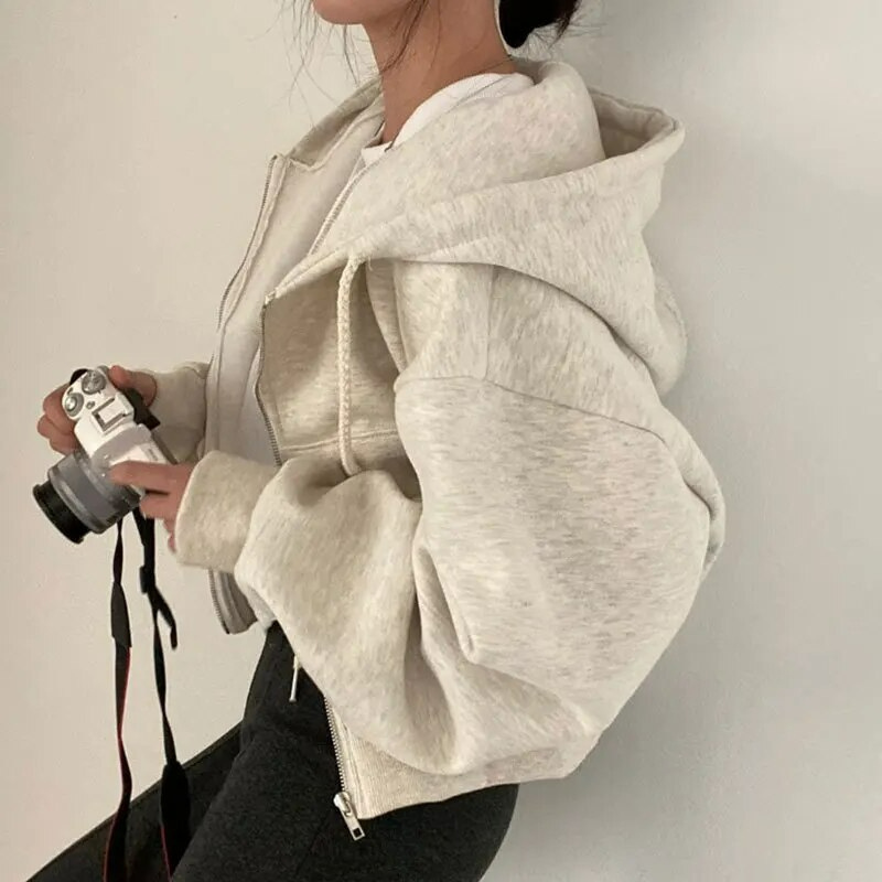 Women's Oversized Cropped Zip Hoodie with Pockets