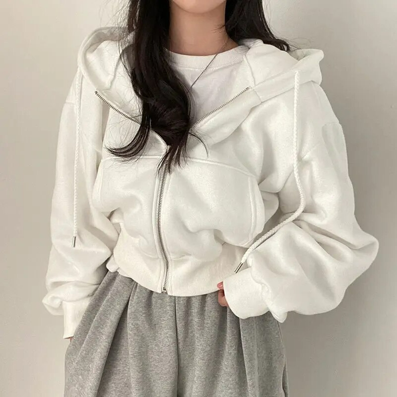 Women's Oversized Cropped Zip Hoodie with Pockets