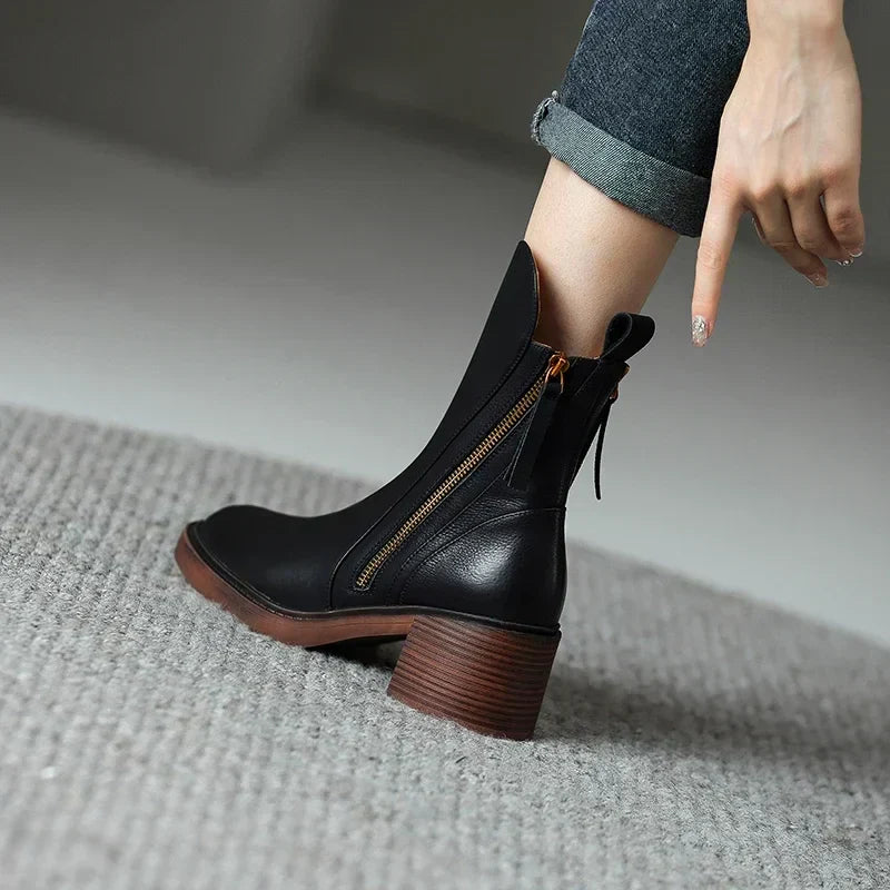 Women's Ankle Boots with Block Heel and Zip-Up Closure Featuring Side Zipper Detail