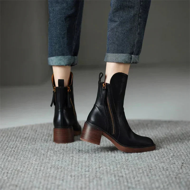 Women's Ankle Boots with Block Heel and Zip-Up Closure Featuring Side Zipper Detail