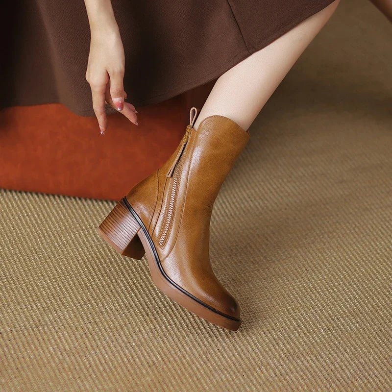 Women's Ankle Boots with Block Heel and Zip-Up Closure Featuring Side Zipper Detail