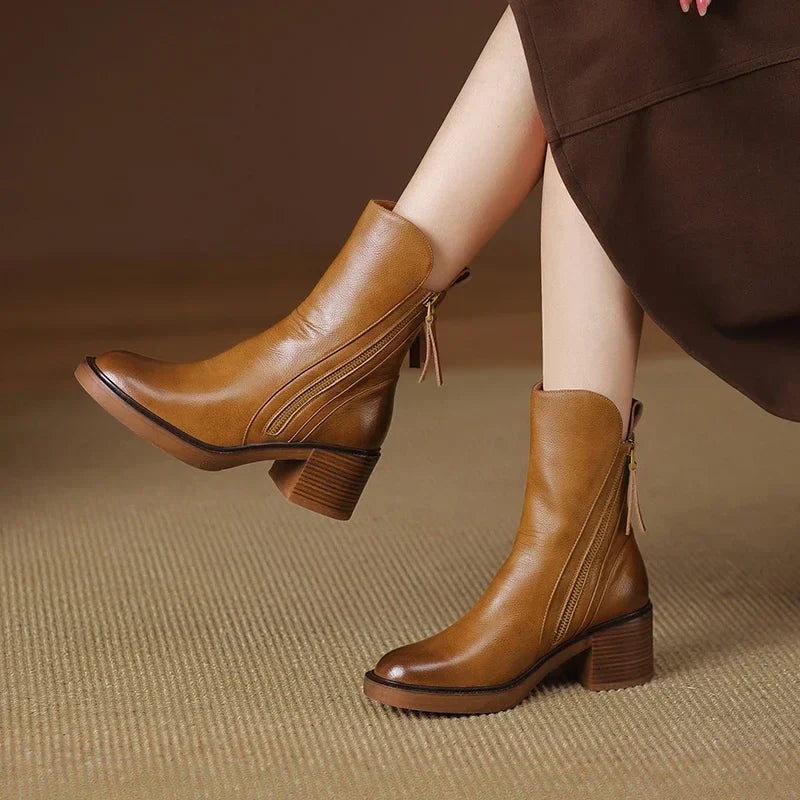 Women's Ankle Boots with Block Heel and Zip-Up Closure Featuring Side Zipper Detail
