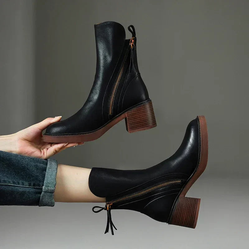 Women's Ankle Boots with Block Heel and Zip-Up Closure Featuring Side Zipper Detail