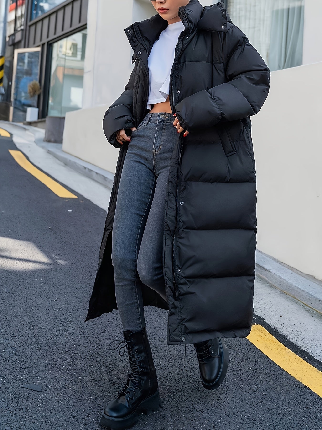 Women's Hooded Long Black Puffer Jacket with Full-Length Quilted Style