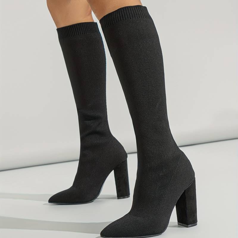 Knee-High Sock Boots for Women with Pointed Toe and Block Heel