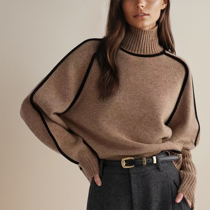 Women's Oversized Turtleneck Sweater with Contrast Sleeve Trim