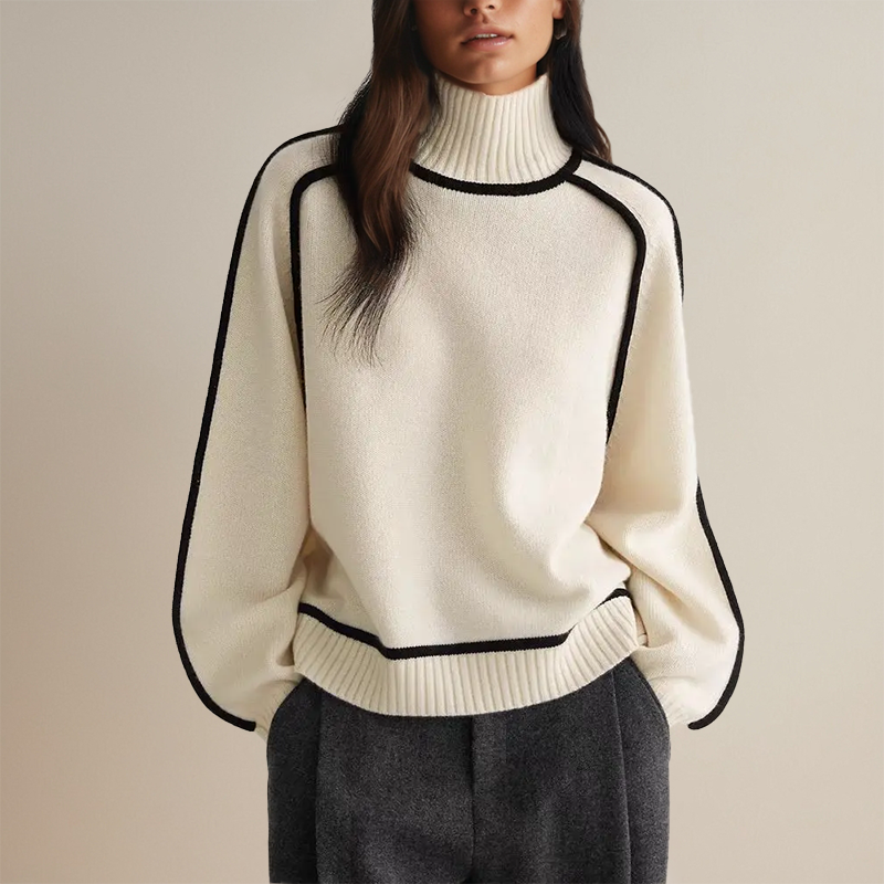 Women's Oversized Turtleneck Sweater with Contrast Sleeve Trim