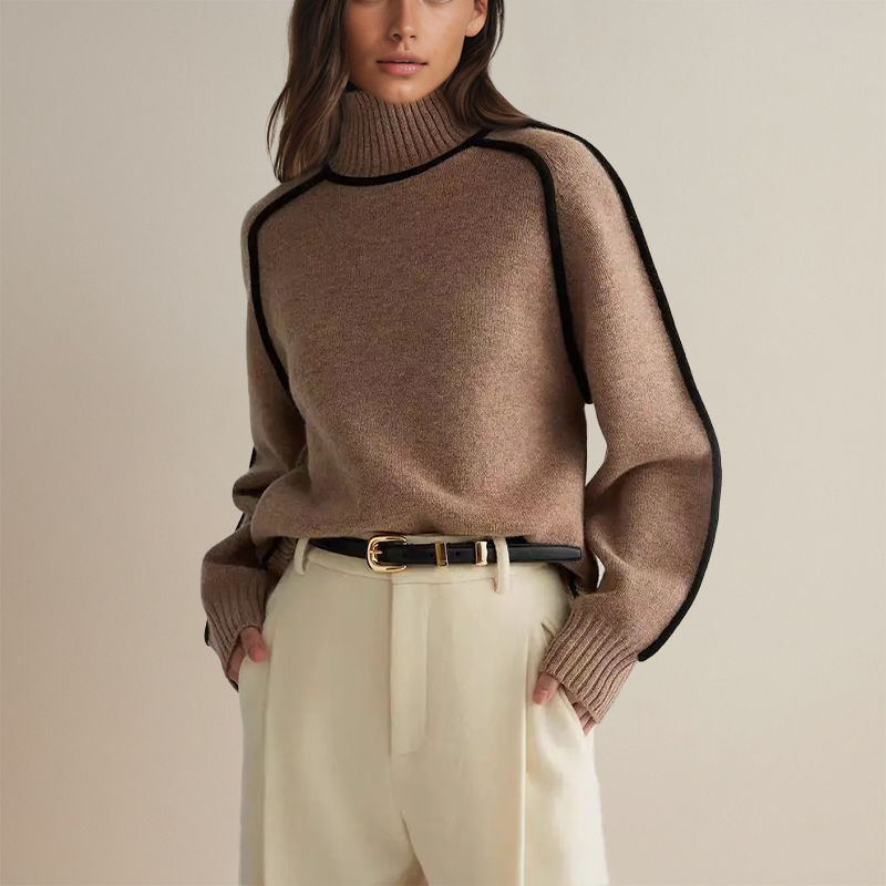 Women's Oversized Turtleneck Sweater with Contrast Sleeve Trim